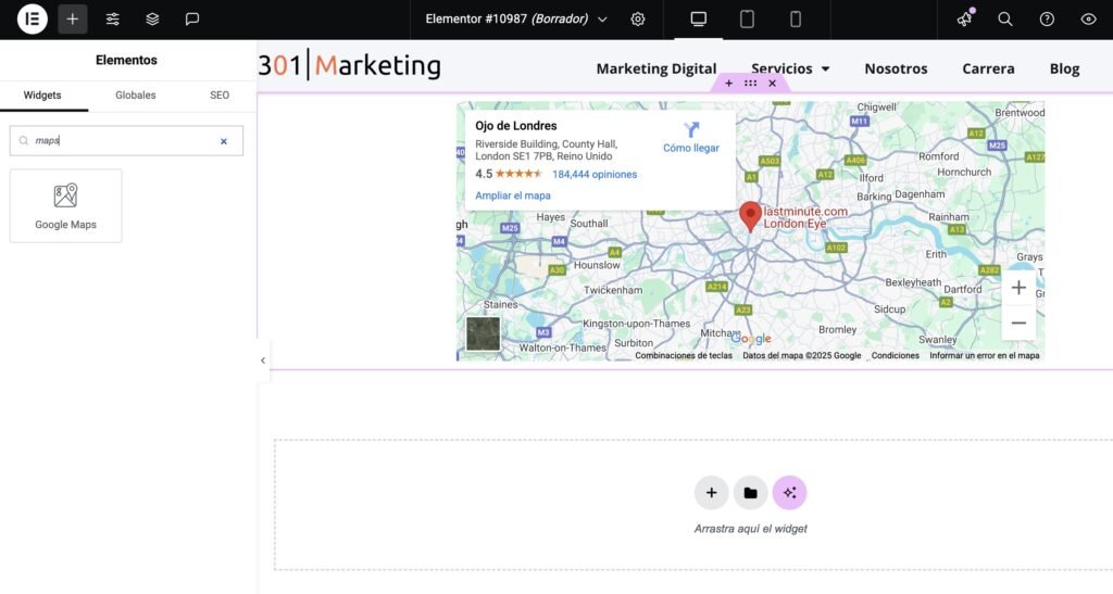 cómo agregar google maps con elementor
